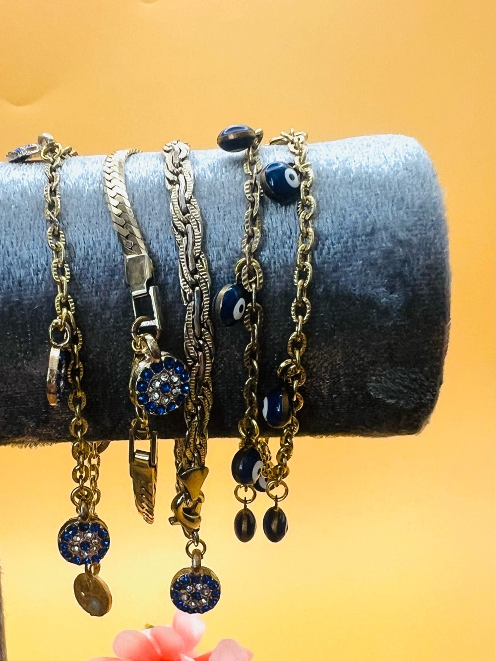 Lot of 5 Gold Plated/Tone Bracelet with Blue Evil Eye and Crystal Charms